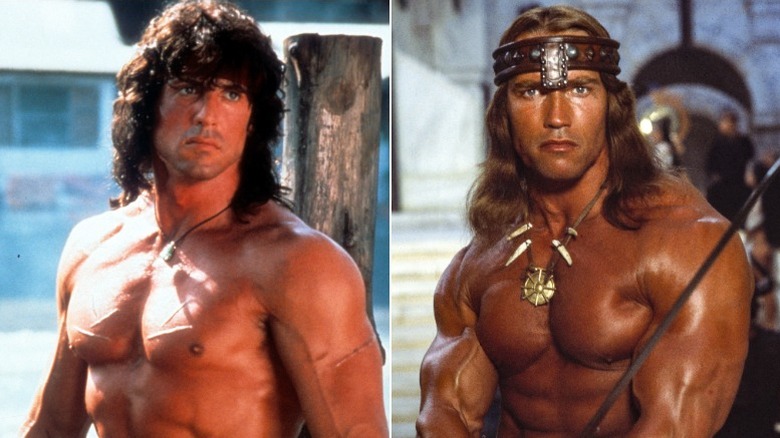 Sylvester Stallone, Arnold Schwarzenegger posing and showing off muscles