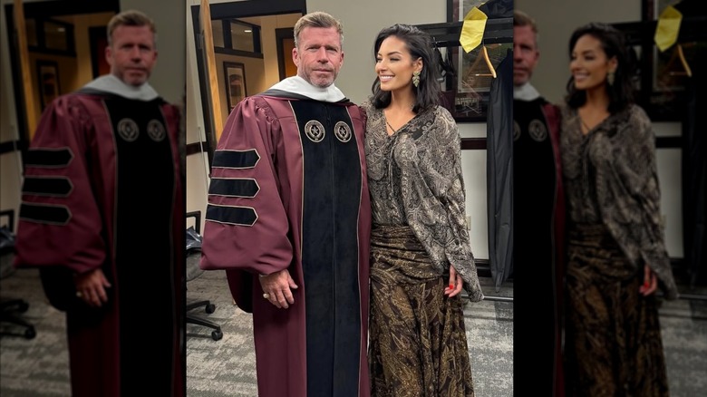 Taylor Sheridan with his doctorate beside wife Nicole Muirbrook.