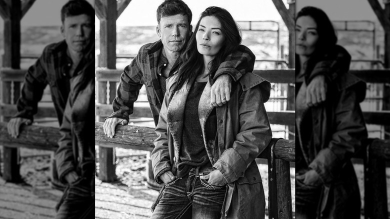 Taylor Sheridan and Nicole Muirbrook posing in a black-and-white photo.