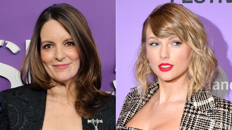 Split image of Tina Fey in a black brocade blazer and Taylor Swift wearing a black, tan, and white houndstooth tweed blazer.
