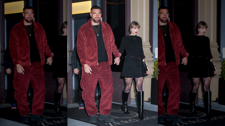 Taylor Swift and Travis Kelce holding hands in NoHo on November 06, 2025 in New York City.