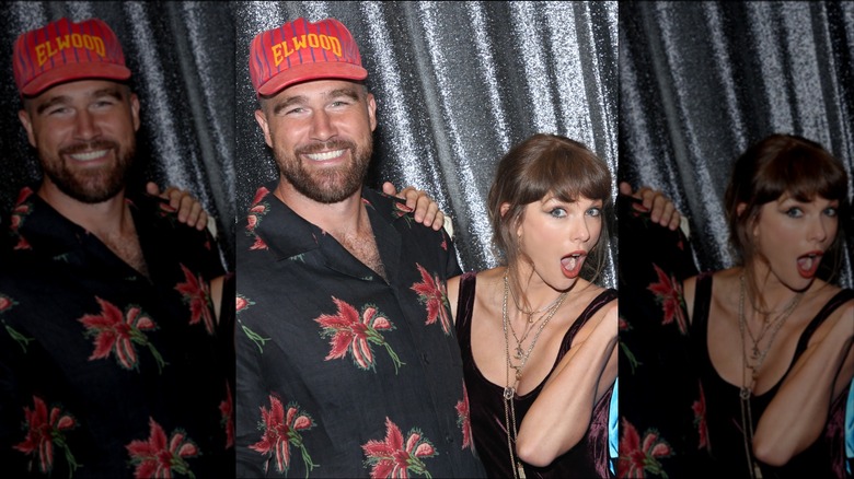 Taylor Swift making a surprised face and posing with her hand on Travis Kelce's shoulder backstage at "Oh, Mary!" on Broadway in 2026.