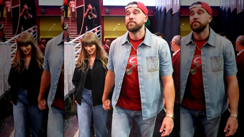 Taylor Swift and Travis Kelce holding hands at Game Three between the New York Knicks and the Cleveland Cavaliers.