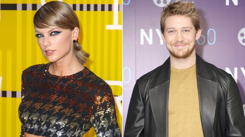 Taylor Swift posing, Joe Alwyn smiling