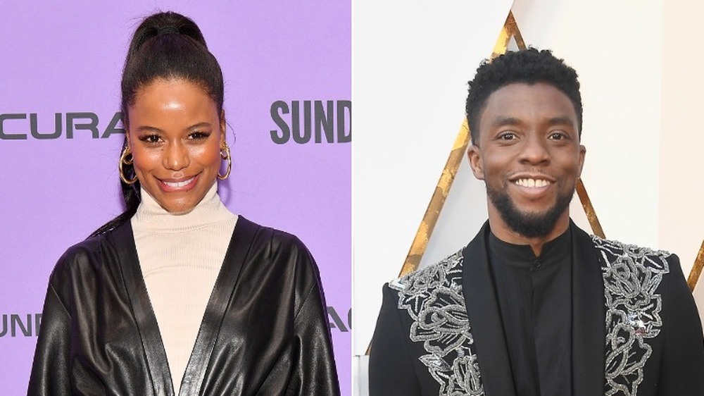 Taylour Paige smiling (left), Chadwick Boseman smiling (right)