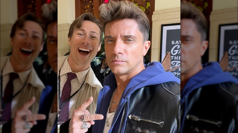 Topher Grace and Glen Powell on the set of "How to Make a Killing."