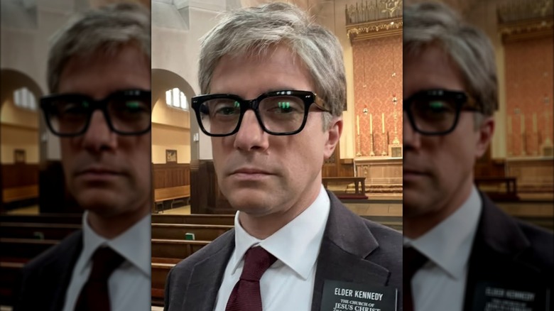 Topher Grace on the set of "Heretic."