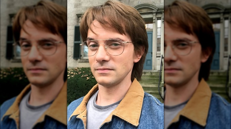 Topher Grace in costume on the set of "The Hot Zone."