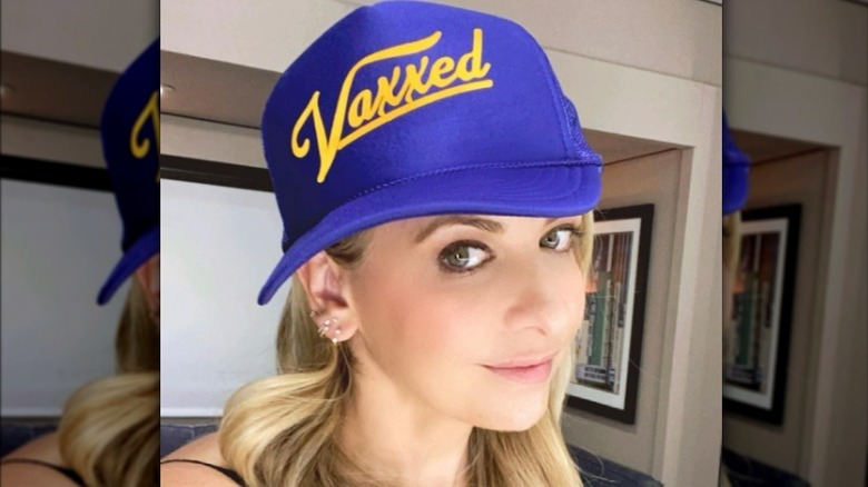 Sarah Michelle Gellar wearing Vaxxed hat