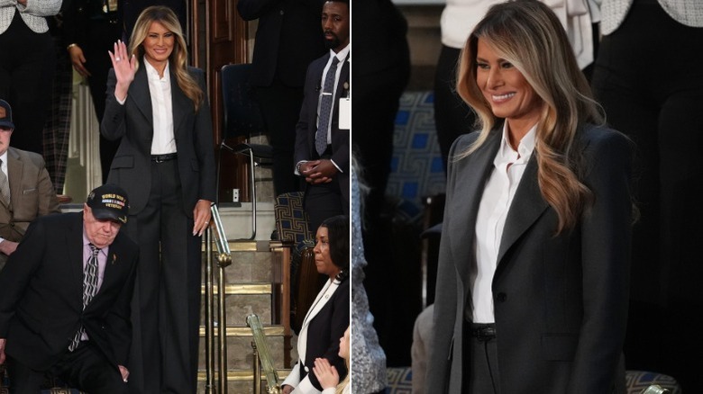 Melania Trump waving and smiling from the crowd at the 2026 State of the Union