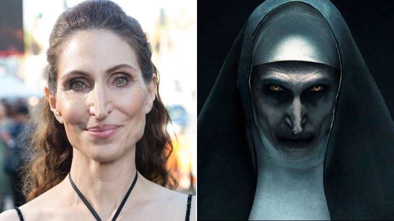 Split image of Bonnie Aarons smiling, and Bonnie Aarons as The Nun