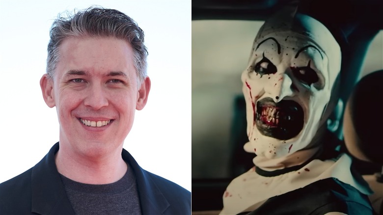 Split image of David Howard Thornton smiling on the left, and his character Art the Clown from Terrifier covered in blood on the right