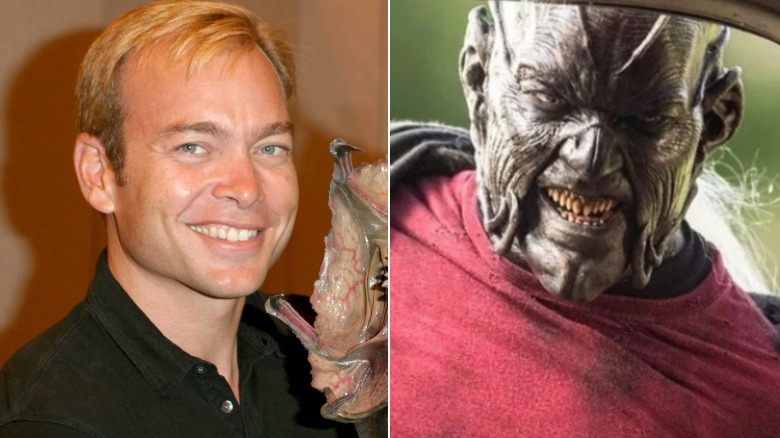 Split image of Jonathan Breck, and Jonathan Breck as The Creeper in Jeepers Creepers