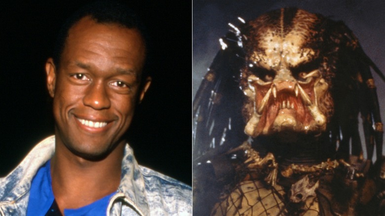 Split image of Kevin Peter Hall smiling on the left and his character from Predator on the right