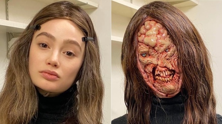Split image of Marina Mazepa on the left, and her in makeup as Gabriel from Malignant on the right