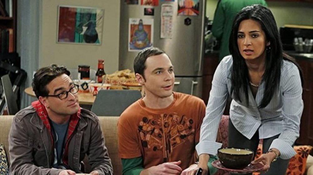 Johnny Galecki as Leonard, Jim Parsons as Sheldon, and Aarti Mann as Priya on The Big Bang Theory 