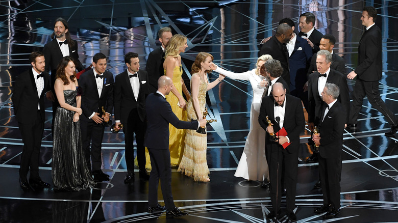Fred Berger, Jordan Horowitz and Marc Platt accepting the Best Picture award for 'La La Land' (later awarded to actual Best Picture winner 'Moonlight') 