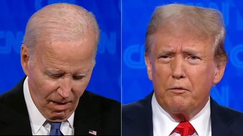 Joe Biden looking down, Donald Trump with downturned mouth