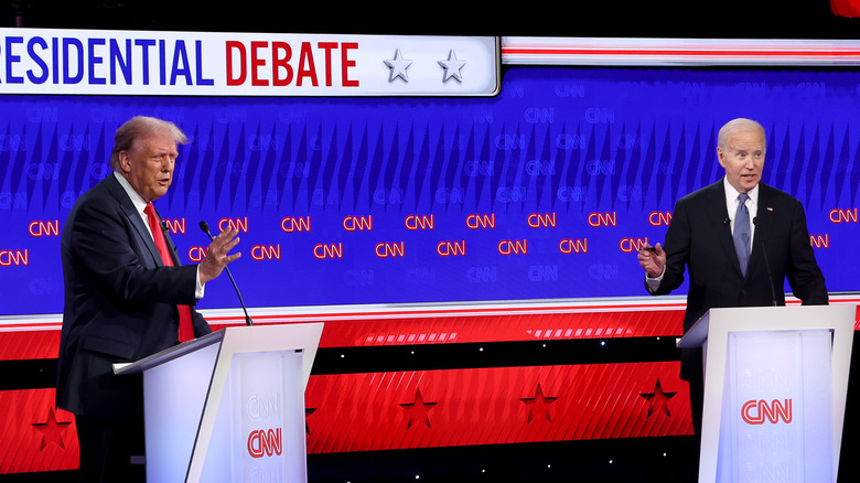 Donald Trump, Joe Biden behind podiums