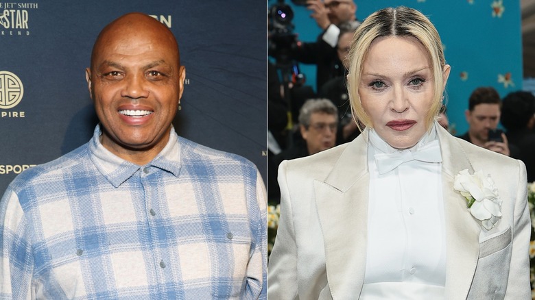 A split image of Charles Barkley smiling and Madonna making a stern face on the red carpet.