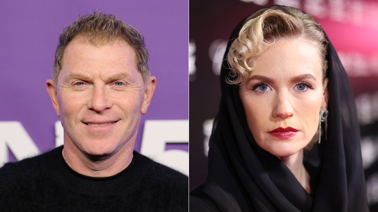 Bobby Flay smiling and January Jones posing in split image