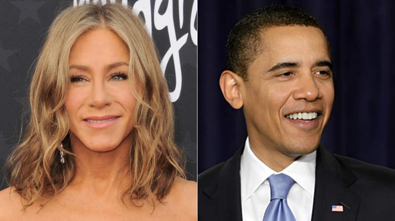 Jennifer Aniston smiling and Barack Obama smiling in split image