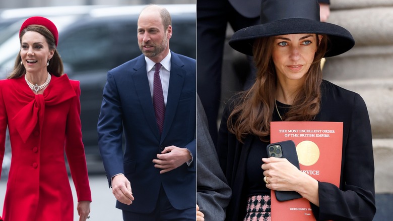 Kate Middleton and Prince William walking together and Rose Hanbury holding book in split image
