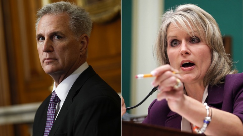 A split image of Kevin McCarthy giving a sidelong glance and Renee Ellmers speaking into a microphone.
