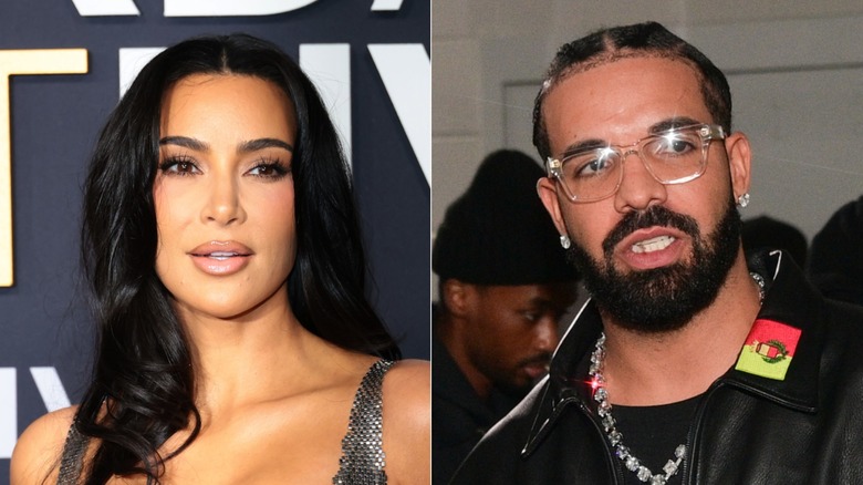Kim Kardashian posing and Drake speaking in split image