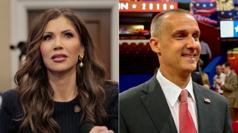 A split image of Kristi Noem looking up and Corey Lewandowski smiling, with campaign banners in the background.
