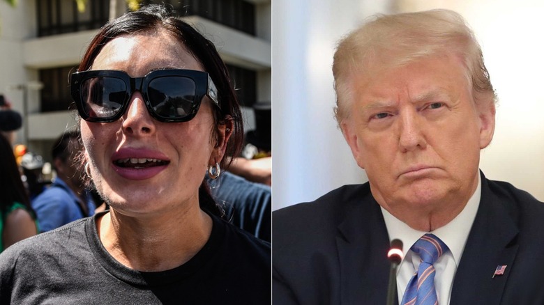 Laura Loomer yelling and Donald Trump frowning in split image