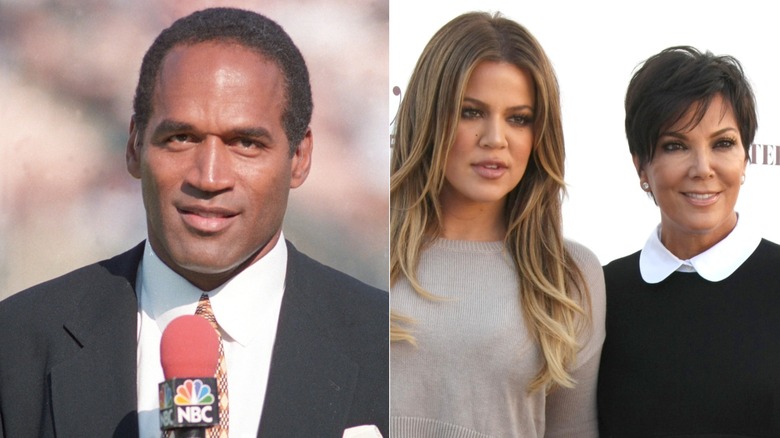 O.J. Simpson speaking into microphone and Khloé Kardashian and Kris Jenner posing together in split image