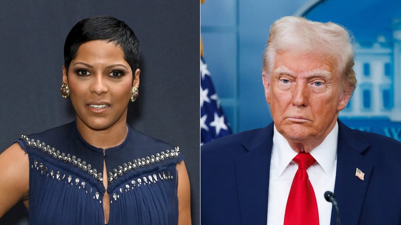 A split image of Tamron Hall smiling on the red carpet and Donald Trump making a sad face.