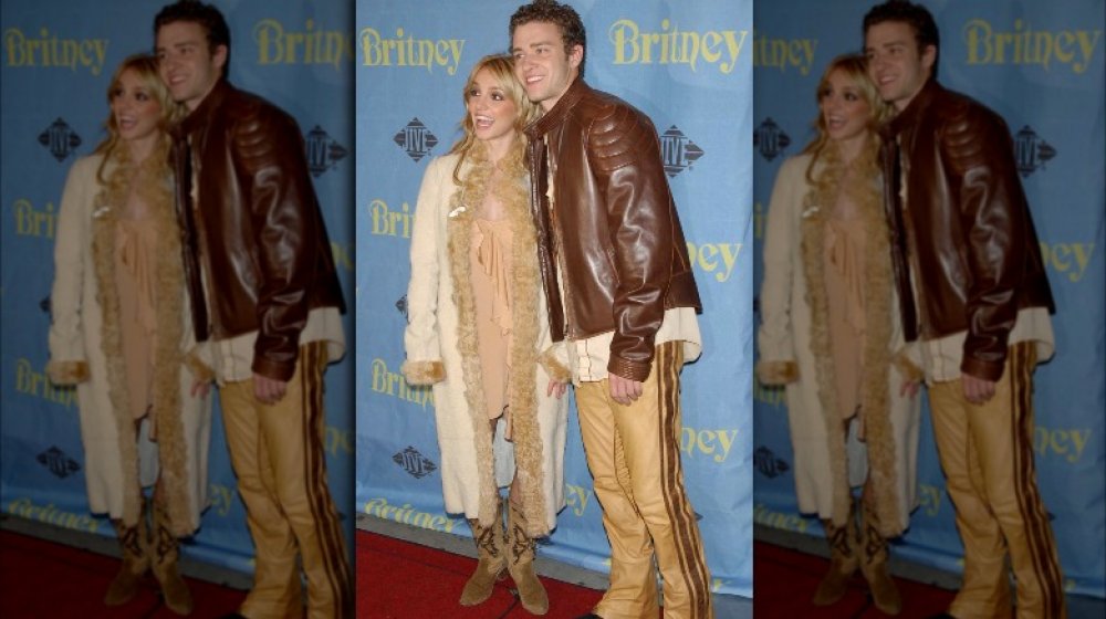 Britney Spears and Justin Timberlake in coordinated brown outfits