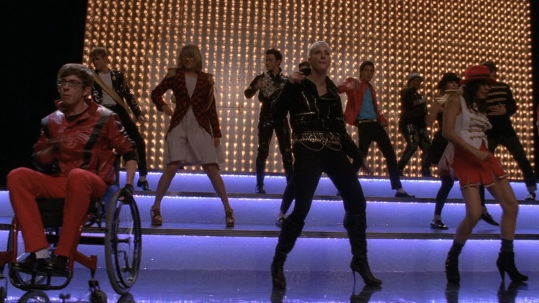 New Directions doing their best Michael Jackson impression on stage in "Glee"