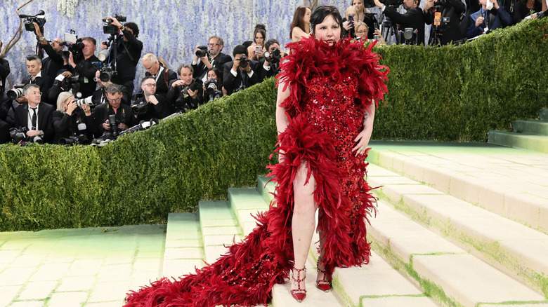 Lena Dunham Met Gala 2026 red feathers