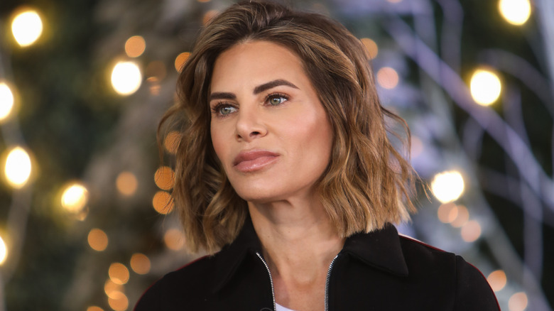 Jillian Michaels in front of Christmas lights in 2020