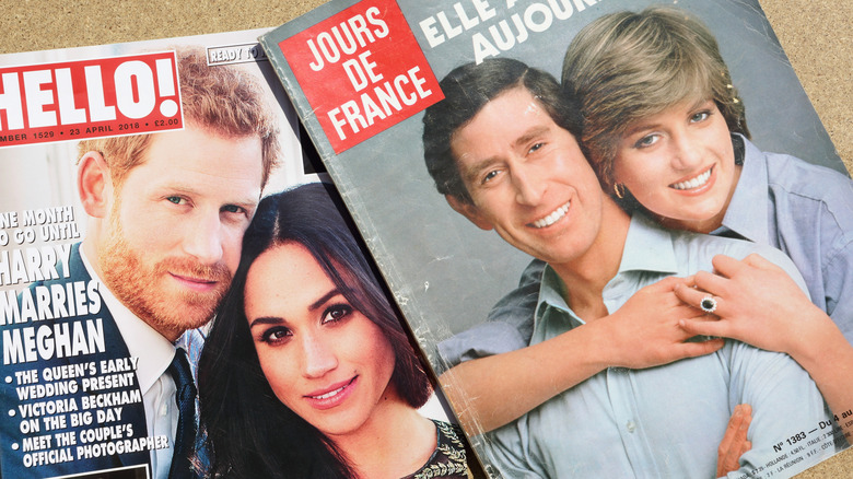 Prince Harry, Meghan Markle, Prince Charles, Princess Diana, all in magazines