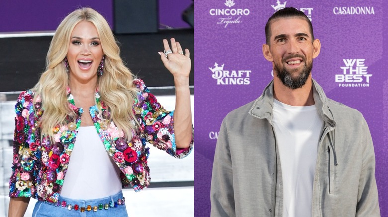 Carrie Underwood on stage; Michael Phelps posing at an event.