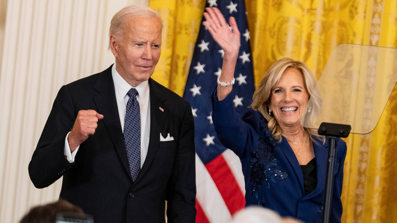 Joe and Jill Biden delivering remarks at the White House