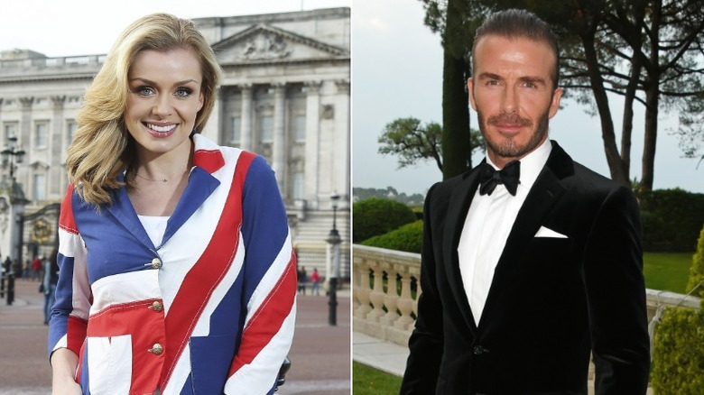 Katherine Jenkins and David Beckham posing outdoors