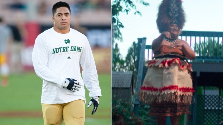 A composite image of Manti Te'o walking and Naya Tuiasosopo dancing
