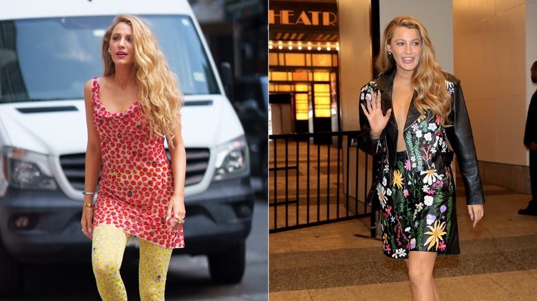Split image of Blake Lively in red and yellow Versace, and it a leather ensemble.