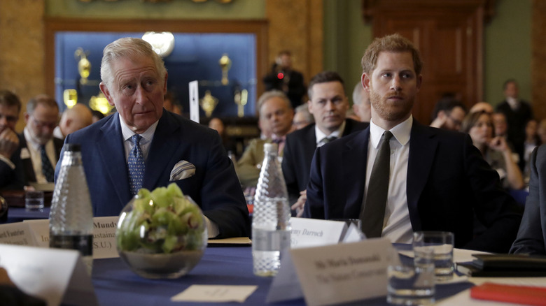 King Charles and Prince Harry seated next to each other at a meeting.