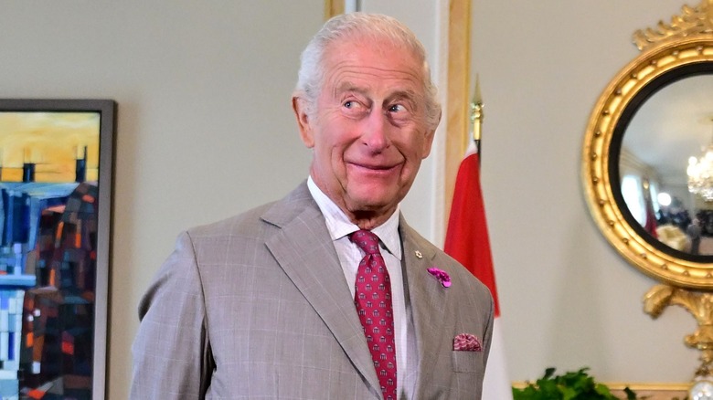 King Charles glances off to the side animatedly as he waits to meet the Canadian Prime Minister.