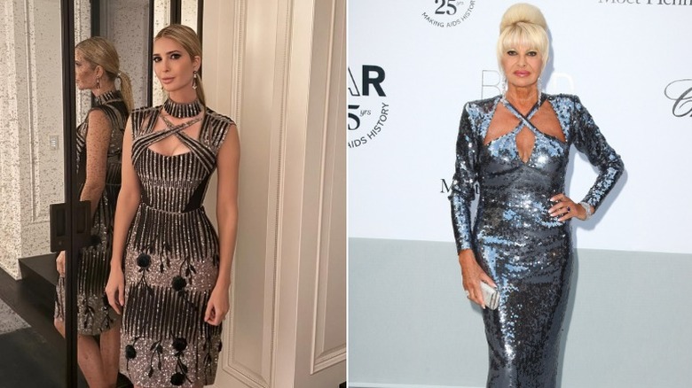 Split image of Ivanka Trump and Ivana Trump wearing silver sequined dresses