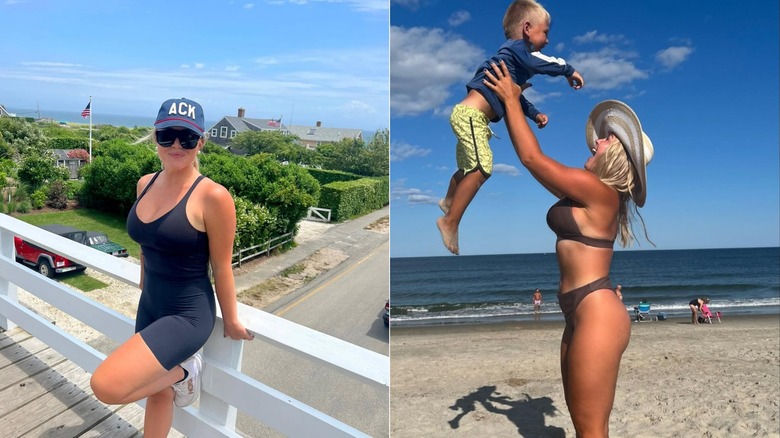 Split image of Karoline Leavitt in a bike shorts and a bikini
