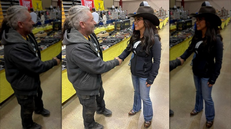Lauren Boebert wearing a cowboy hat and shaking hands