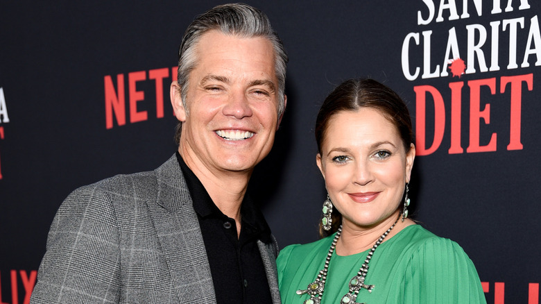 Split image of Timothy Olyphant and Drew Barrymore at a Santa Clarita Diet premiere