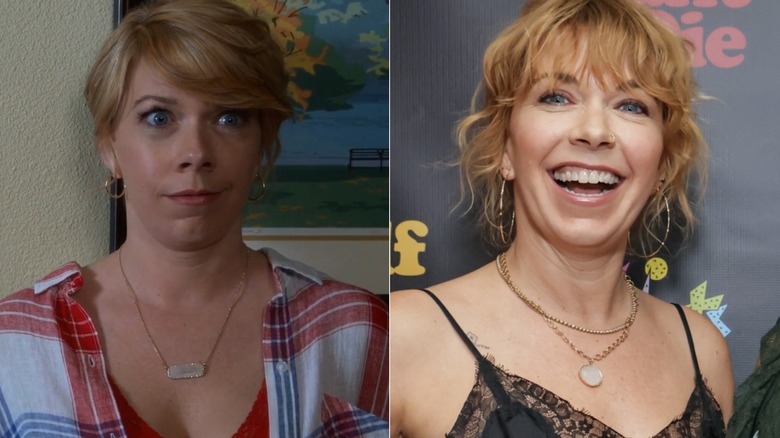Split image of Mary Elizabeth Ellis in Santa Clarita Diet, left, and at the 2026 premiere of I Hate Myself and I Want to Die, right